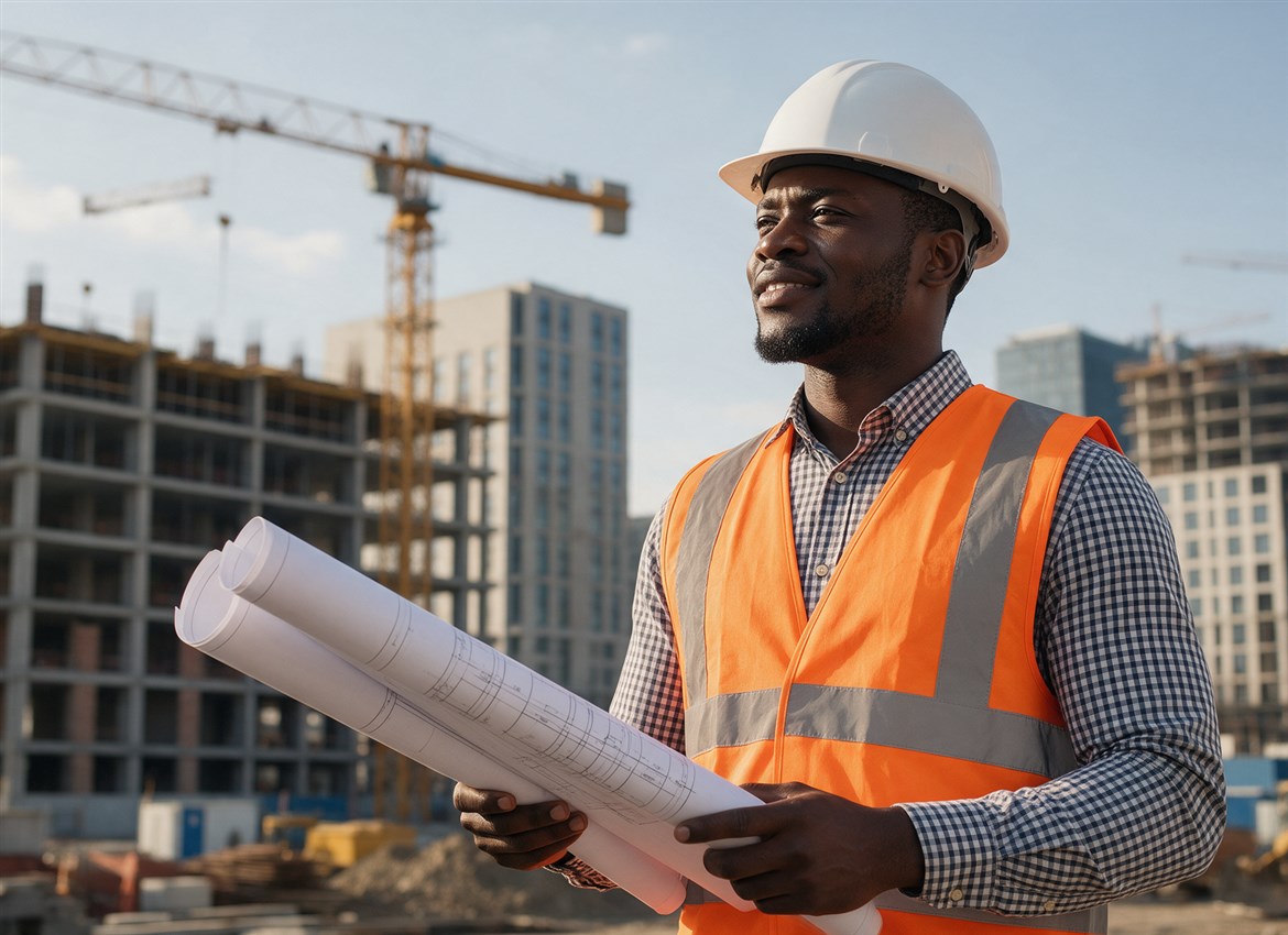 Civil engineer reviewing blueprints at a Hybrid Contracting Limited construction site